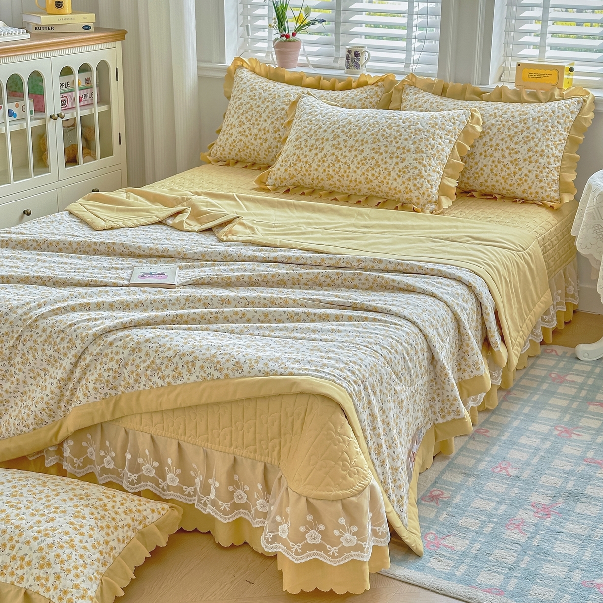 91家纺网 家纺一手货源 找家纺 雅眠居 2026新款直播爆款古法仿棉双层蕾丝花边床盖四件套 AB版-小时光