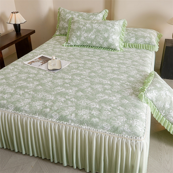 91家纺网 家纺一手货源 找家纺 喜梦缘家纺 2026新款PE冰豆豆冰丝床裙款凉席席子-玫瑰系列 绿玫瑰