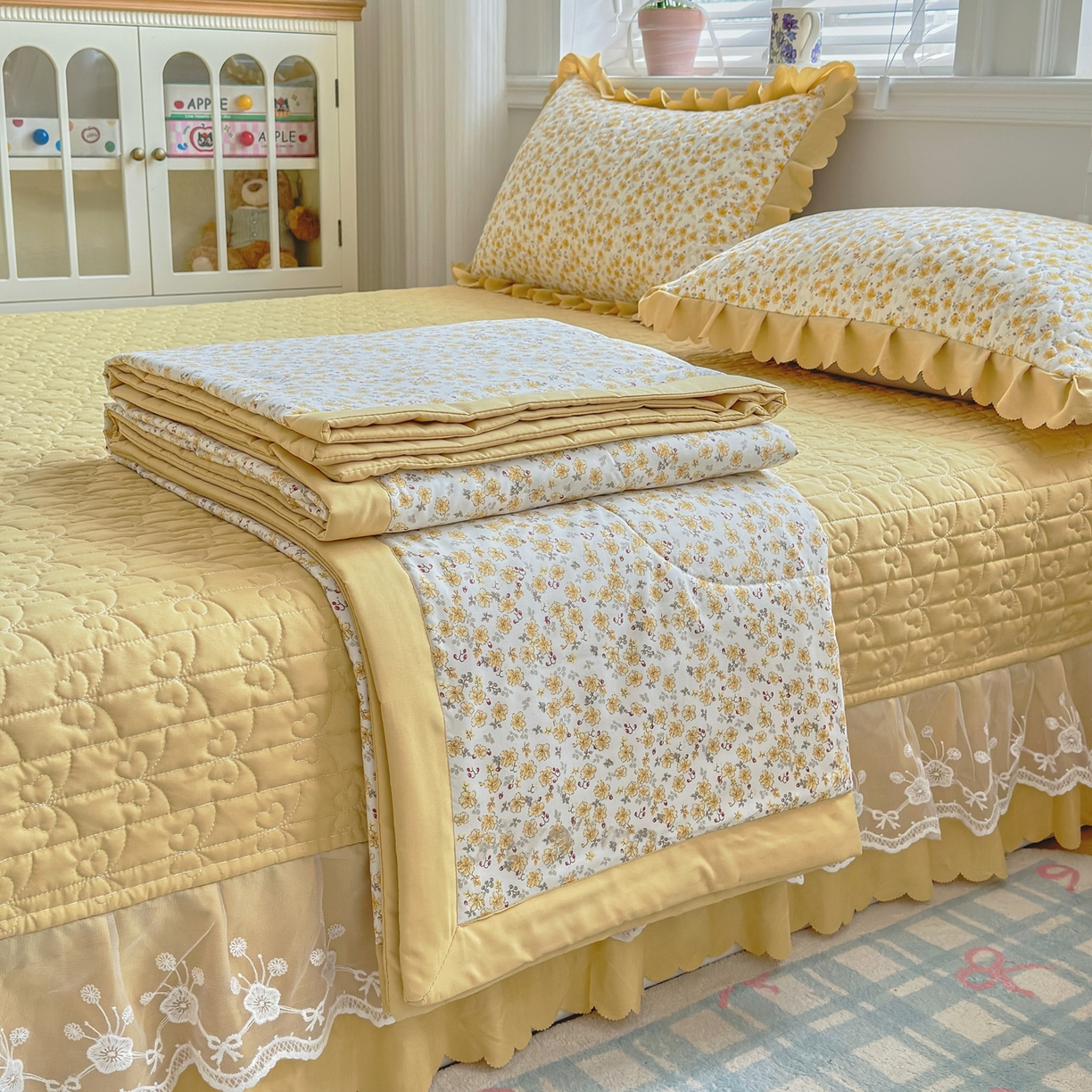 91家纺网 家纺一手货源 找家纺 雅眠居 2026新款直播爆款古法仿棉双层蕾丝花边床盖四件套 AB版-小时光