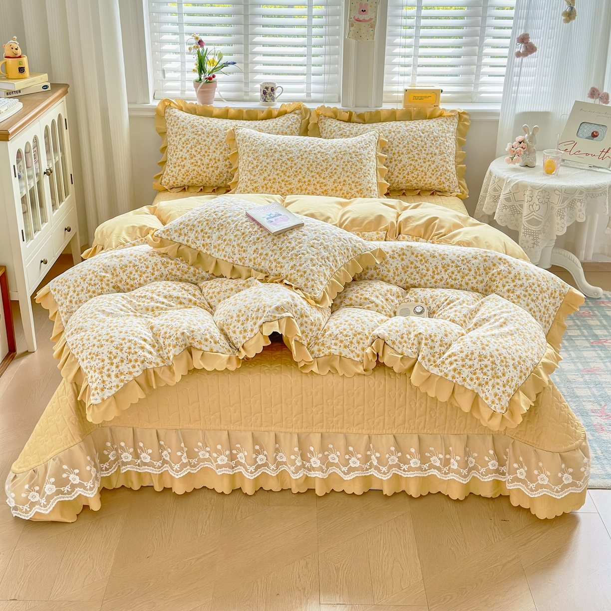 91家纺网 家纺一手货源 找家纺 雅眠居 2026新款直播爆款古法仿棉双层蕾丝花边床盖四件套 AB版-小时光