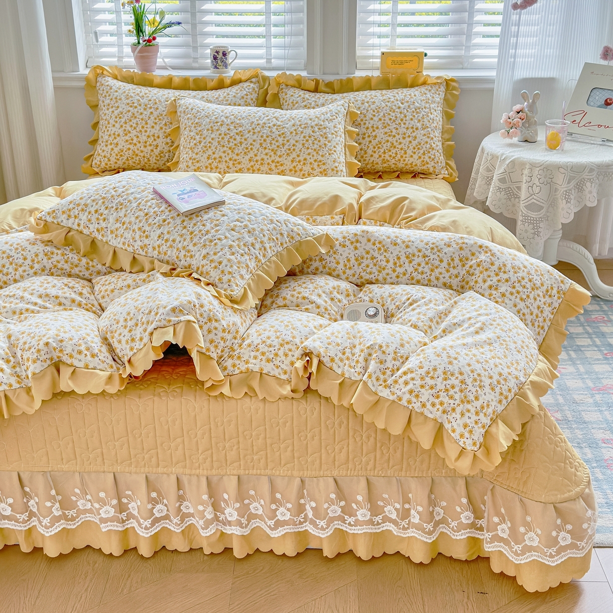 91家纺网 家纺一手货源 找家纺 雅眠居 2026新款直播爆款古法仿棉双层蕾丝花边床盖四件套 AB版-小时光