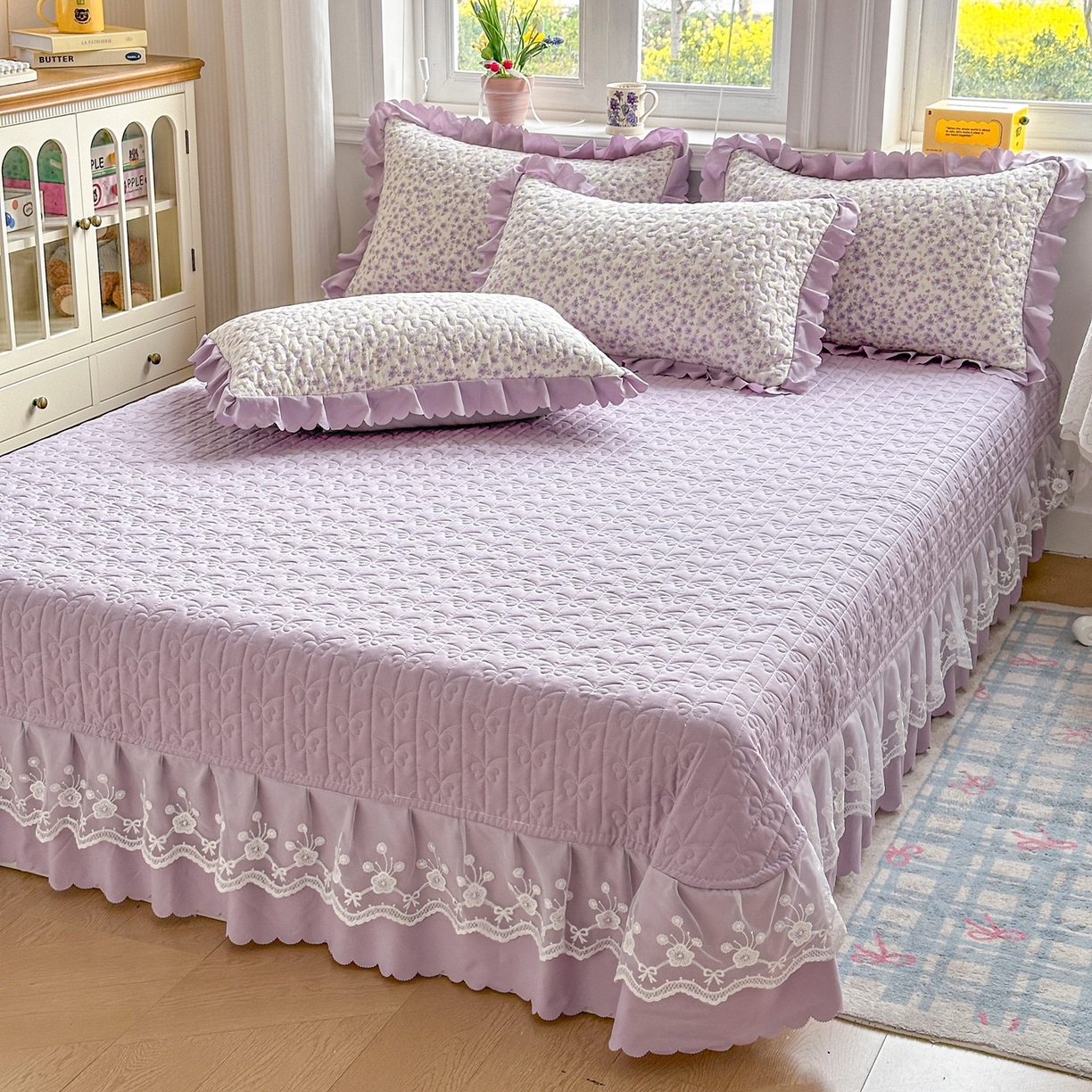 91家纺网 家纺一手货源 找家纺 雅眠居 2026新款直播爆款古法仿棉双层蕾丝花边床盖四件套 AB版-紫萱