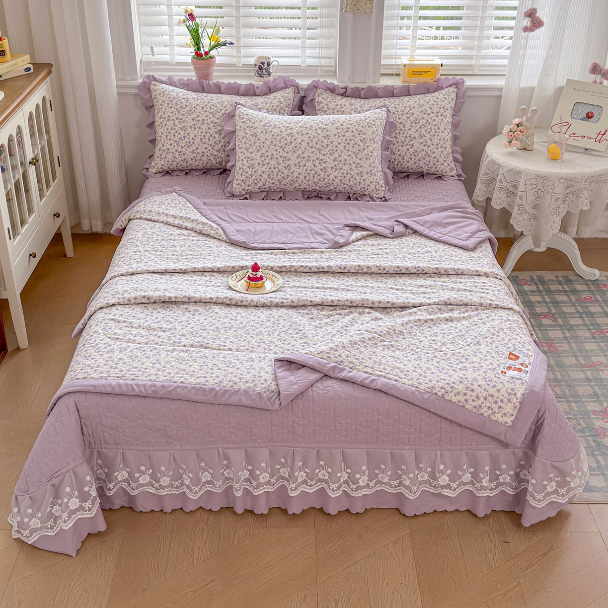 91家纺网 家纺一手货源 找家纺 雅眠居 2026新款直播爆款古法仿棉双层蕾丝花边床盖四件套 AB版-紫萱
