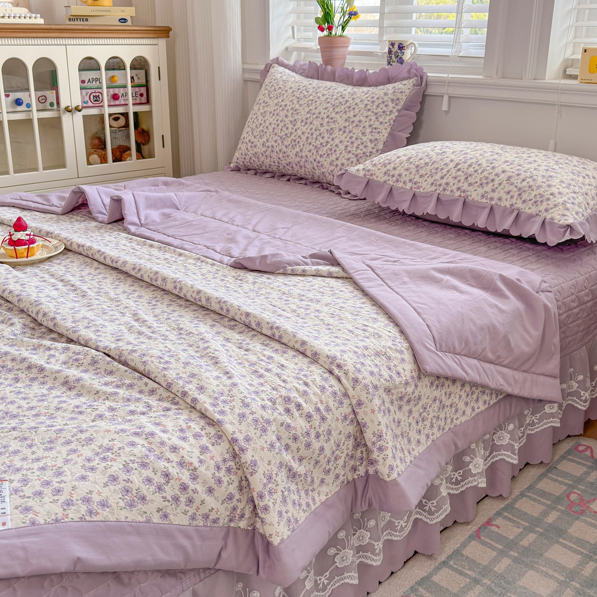 91家纺网 家纺一手货源 找家纺 雅眠居 2026新款直播爆款古法仿棉双层蕾丝花边床盖四件套 AB版-紫萱