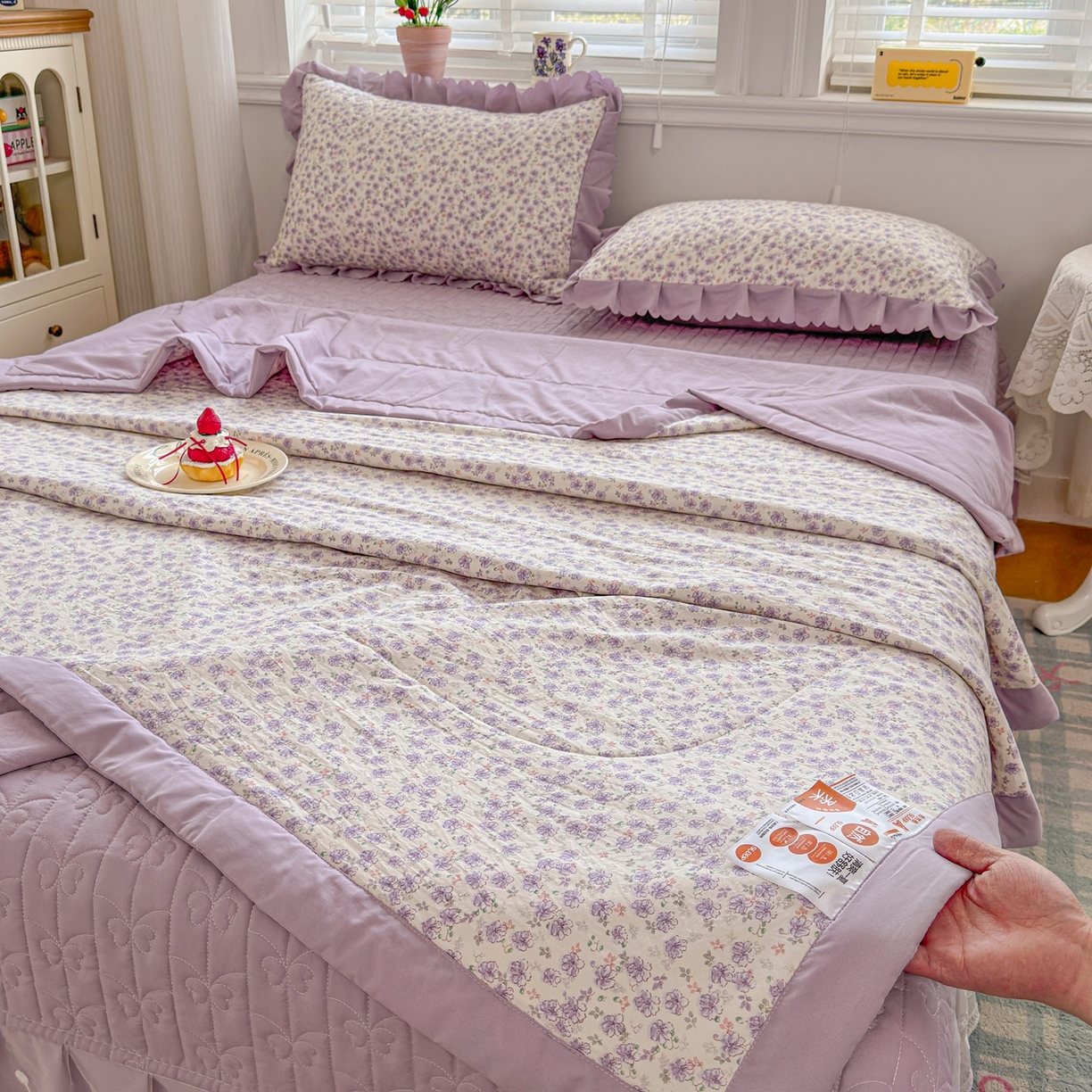 91家纺网 家纺一手货源 找家纺 雅眠居 2026新款直播爆款古法仿棉双层蕾丝花边床盖四件套 AB版-紫萱