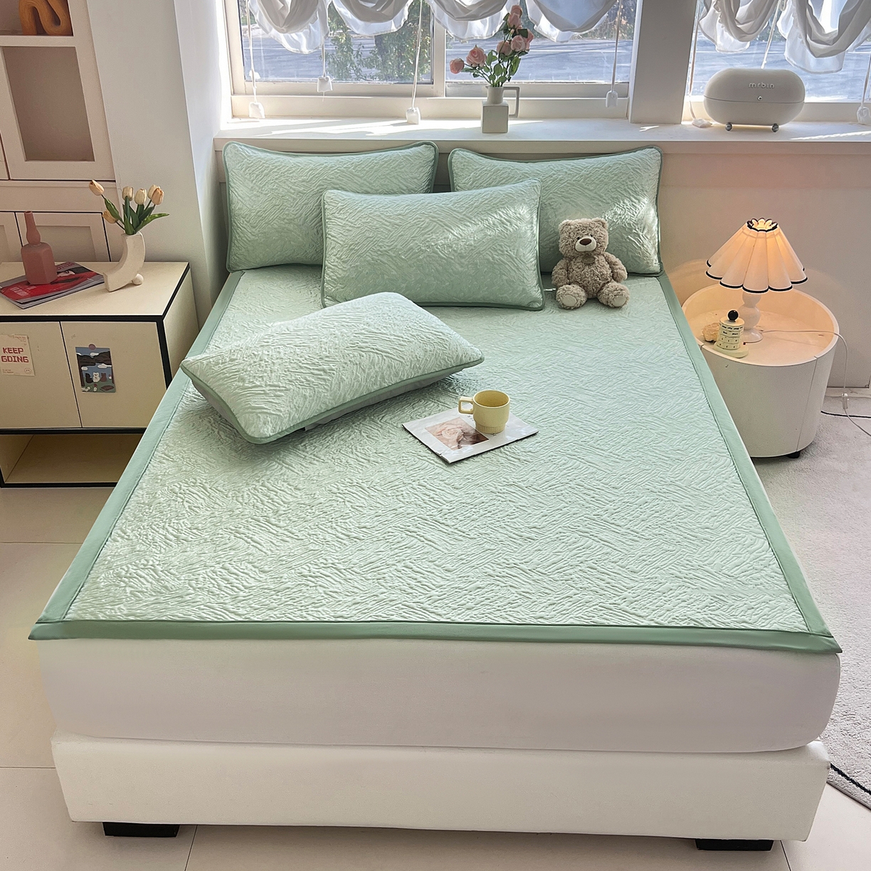 91家纺网 家纺一手货源 找家纺 能好家纺 2026新款高分子pe冰豆豆凉席床席款 轻奢绿