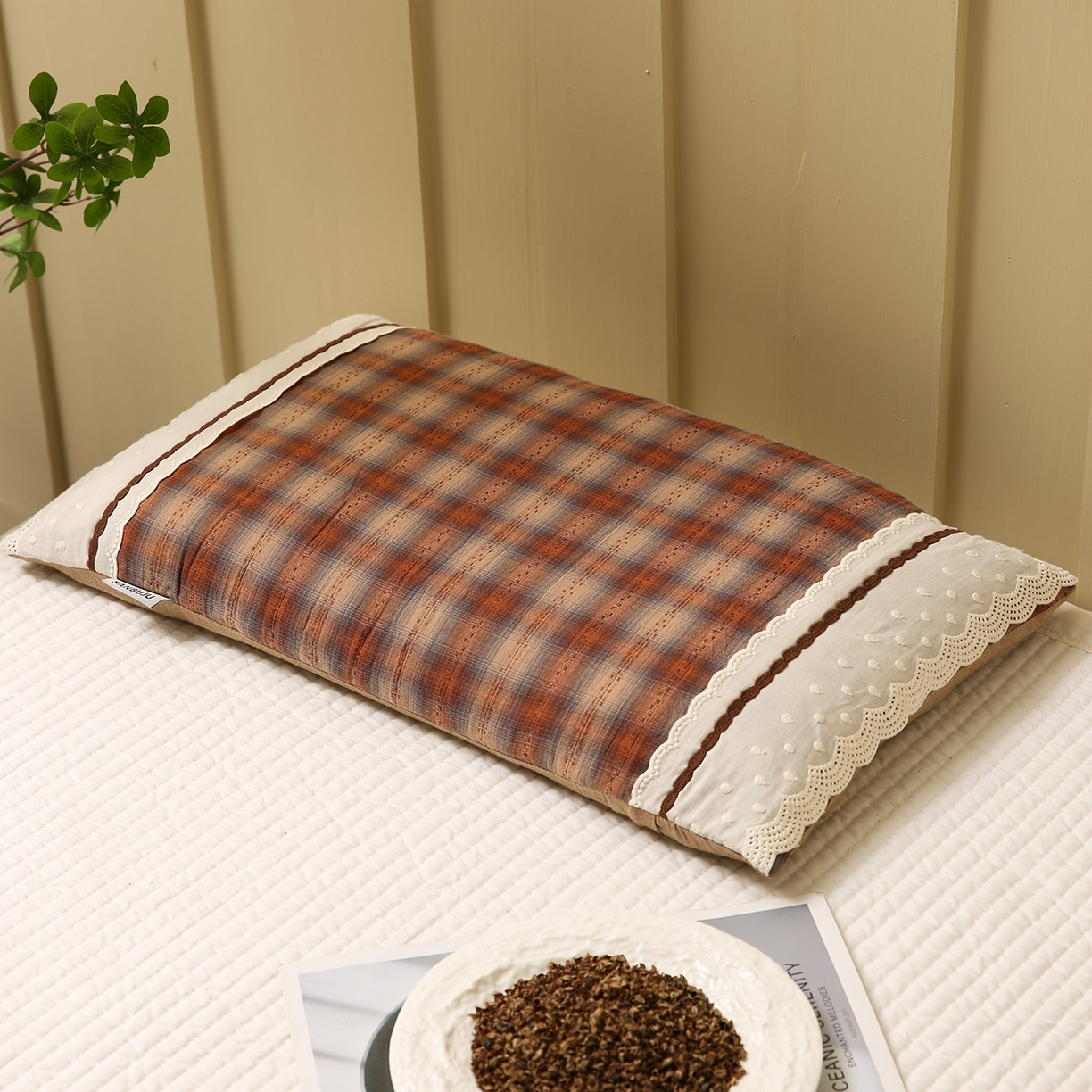 91家纺网 家纺一手货源 找家纺 梦叶草 2026新款全棉色织简约风条格荞麦枕芯 全棉色织简约条格荞麦枕-浅咖