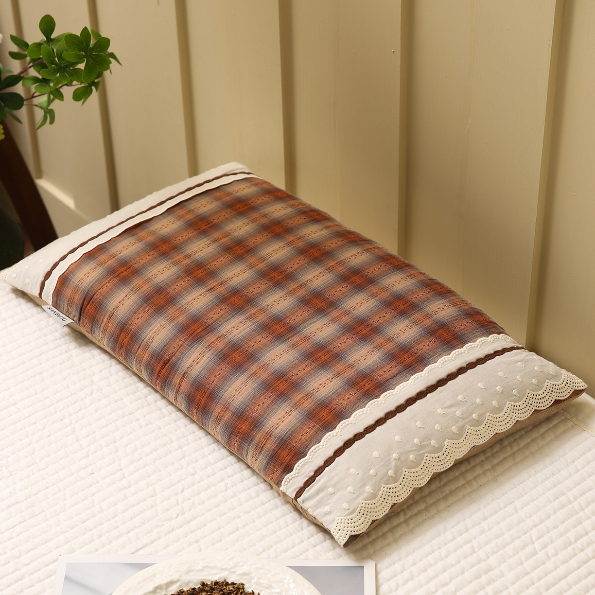 91家纺网 家纺一手货源 找家纺 梦叶草 2026新款全棉色织简约风条格荞麦枕芯 全棉色织简约条格荞麦枕-浅咖