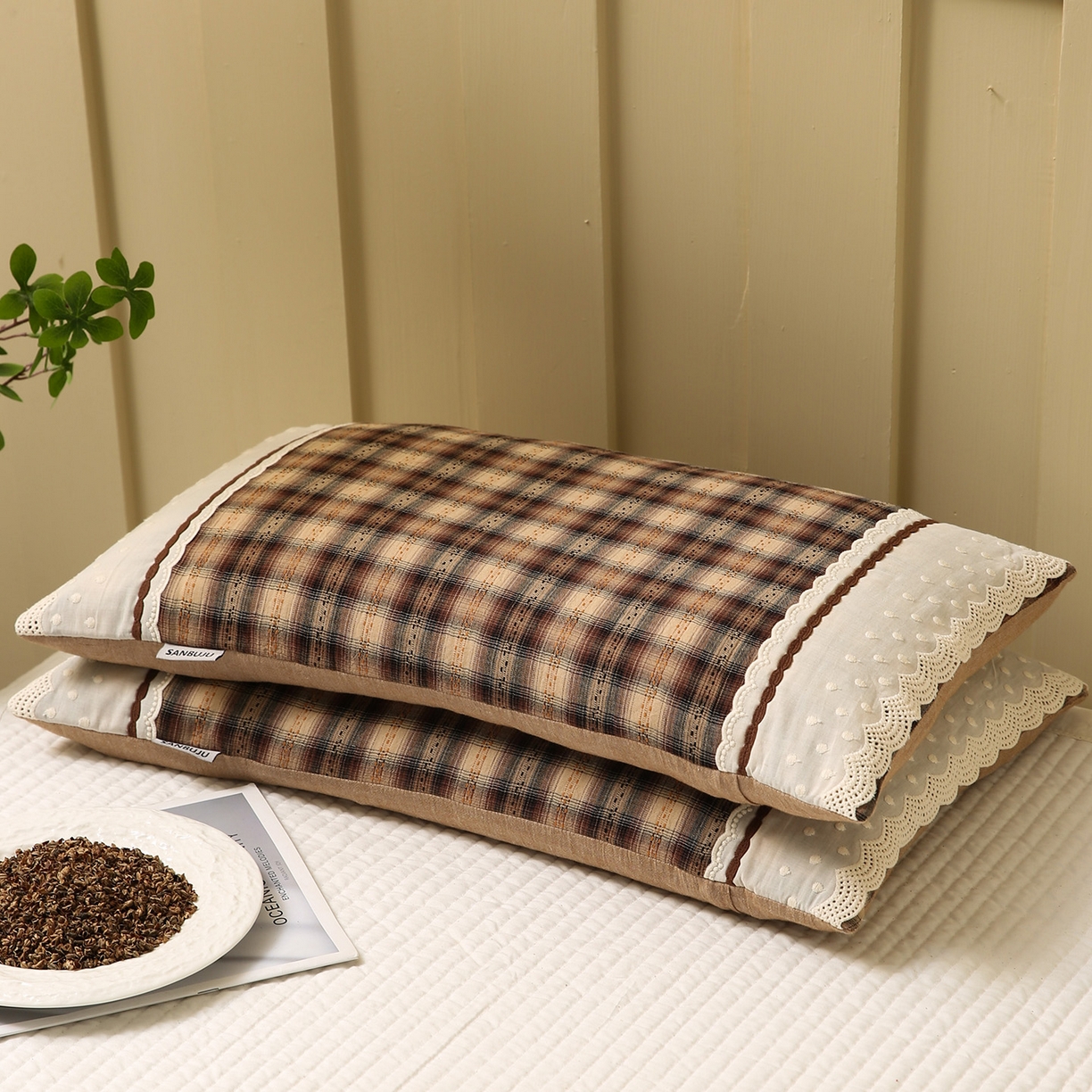 91家纺网 家纺一手货源 找家纺 梦叶草 2026新款全棉色织简约风条格荞麦枕芯 全棉色织简约条格荞麦枕-格调深咖