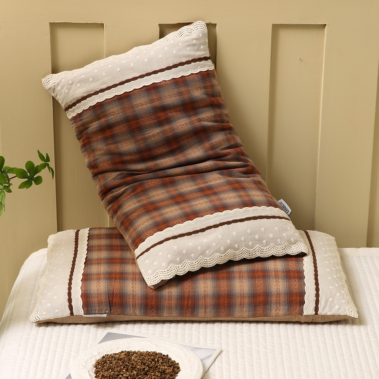 91家纺网 家纺一手货源 找家纺 梦叶草 2026新款全棉色织简约风条格荞麦枕芯 全棉色织简约条格荞麦枕-浅咖