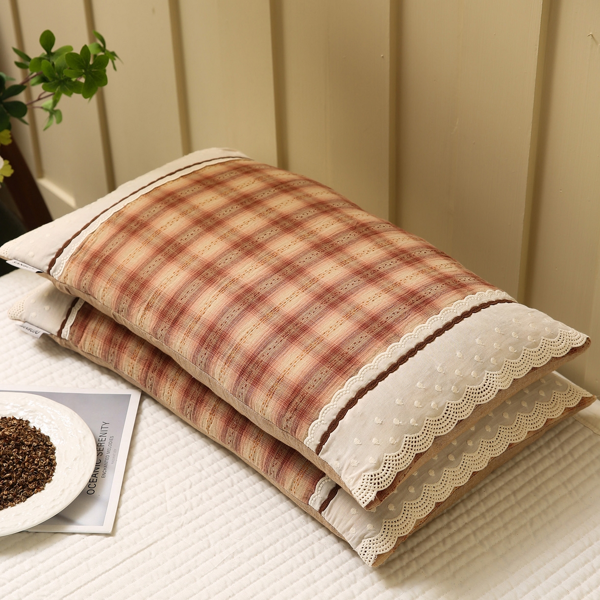 梦叶草 2026新款全棉色织简约风条格荞麦枕芯 全棉色织简约条格荞麦枕-格调红