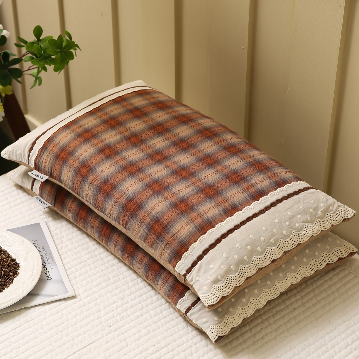 91家纺网 家纺一手货源 找家纺 梦叶草 2026新款全棉色织简约风条格荞麦枕芯 全棉色织简约条格荞麦枕-浅咖