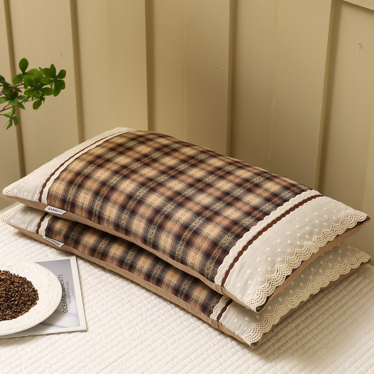 91家纺网 家纺一手货源 找家纺 梦叶草 2026新款全棉色织简约风条格荞麦枕芯 全棉色织简约条格荞麦枕-格调深咖
