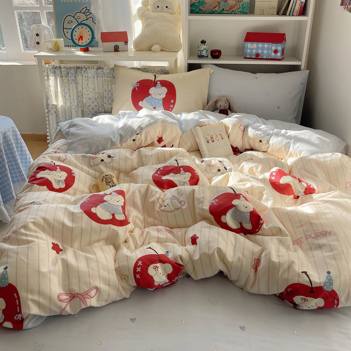 91家纺网 家纺一手货源 找家纺 （总）栩裕纺织 2026新款全棉数码印花四件套,红苹果狗狗,呆呆熊,害羞女孩,快乐伙伴,小狗仔,招财猫