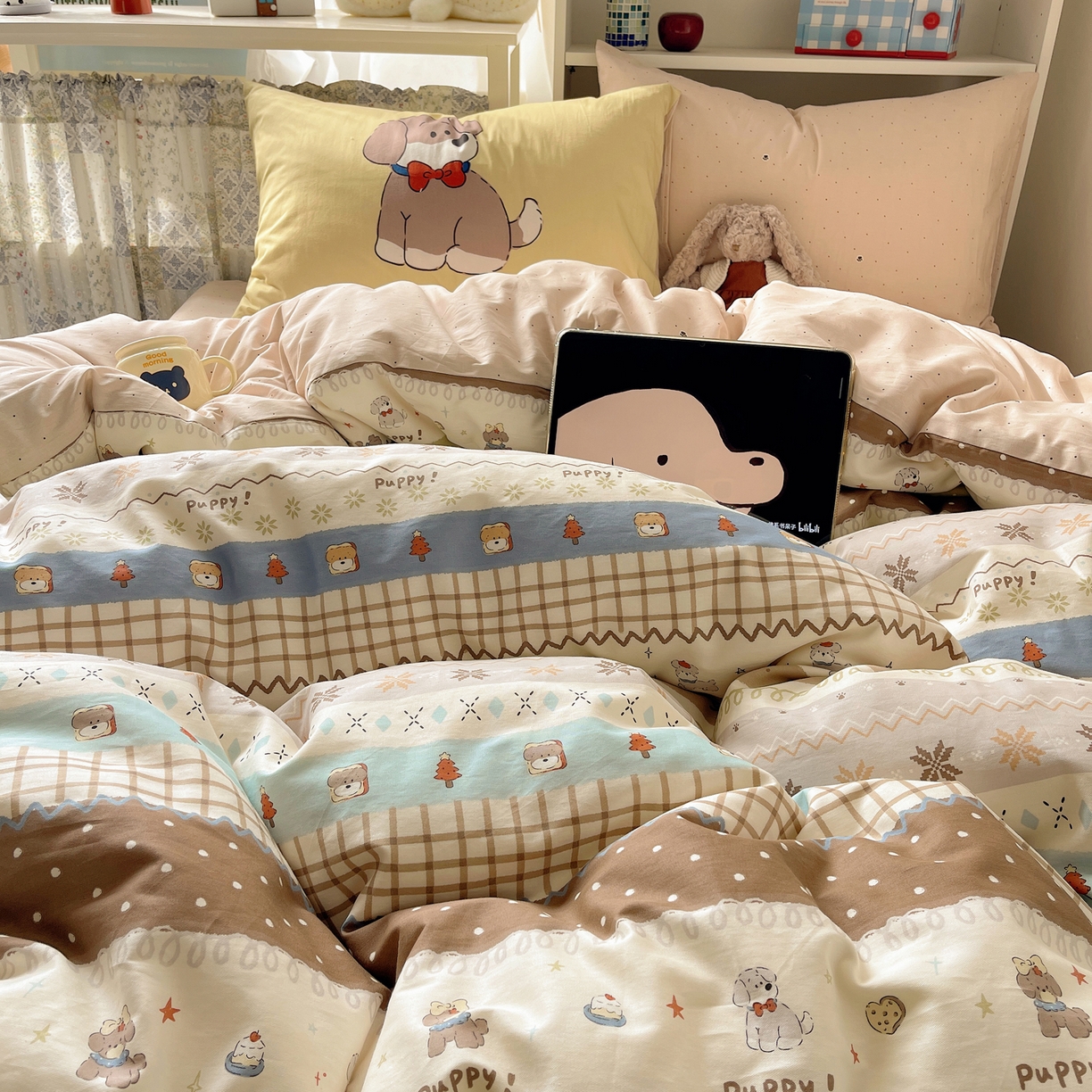 91家纺网 家纺一手货源 找家纺 栩裕纺织 2026新款全棉数码印花四件套 小狗仔