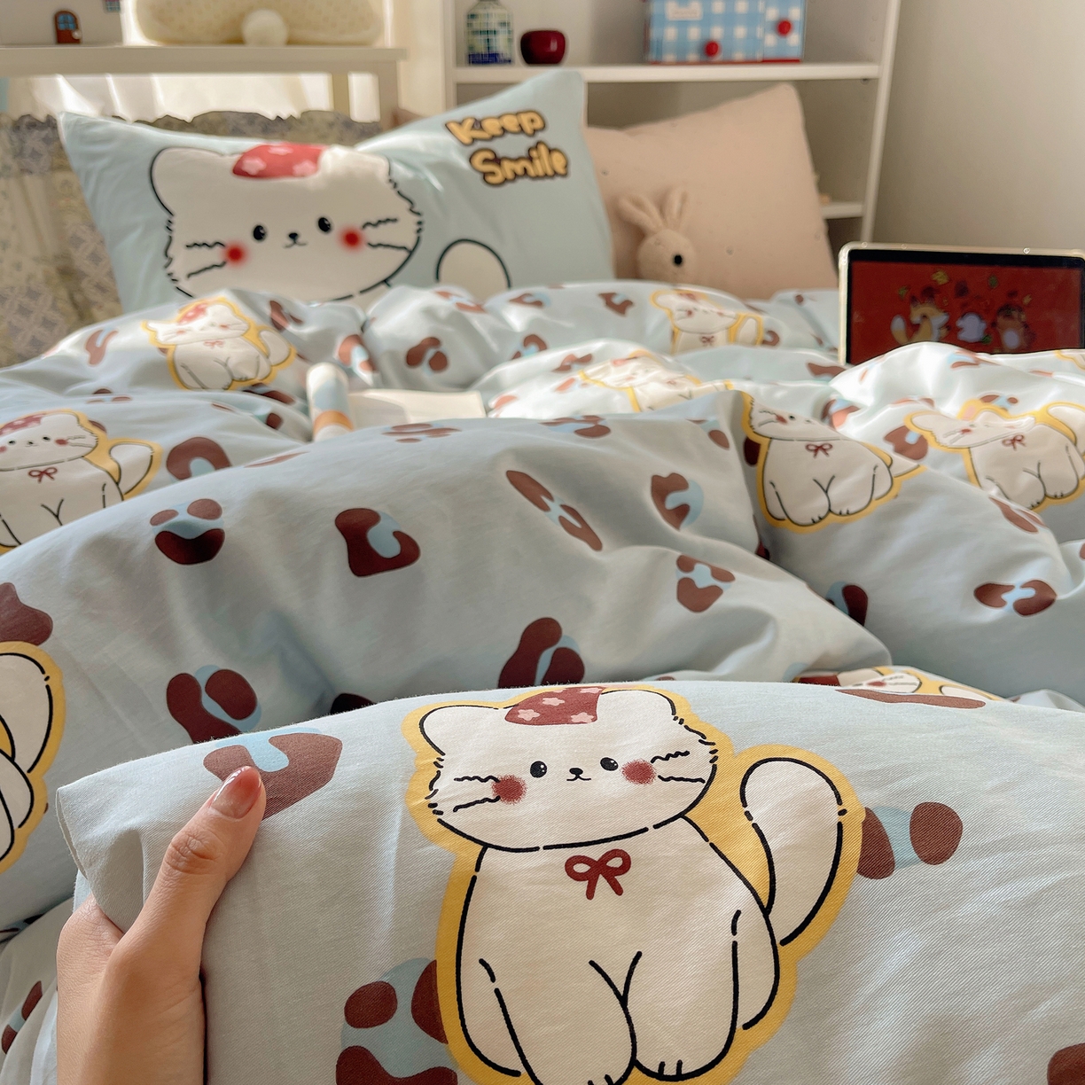 91家纺网 家纺一手货源 找家纺 栩裕纺织 2026新款全棉数码印花四件套 招财猫