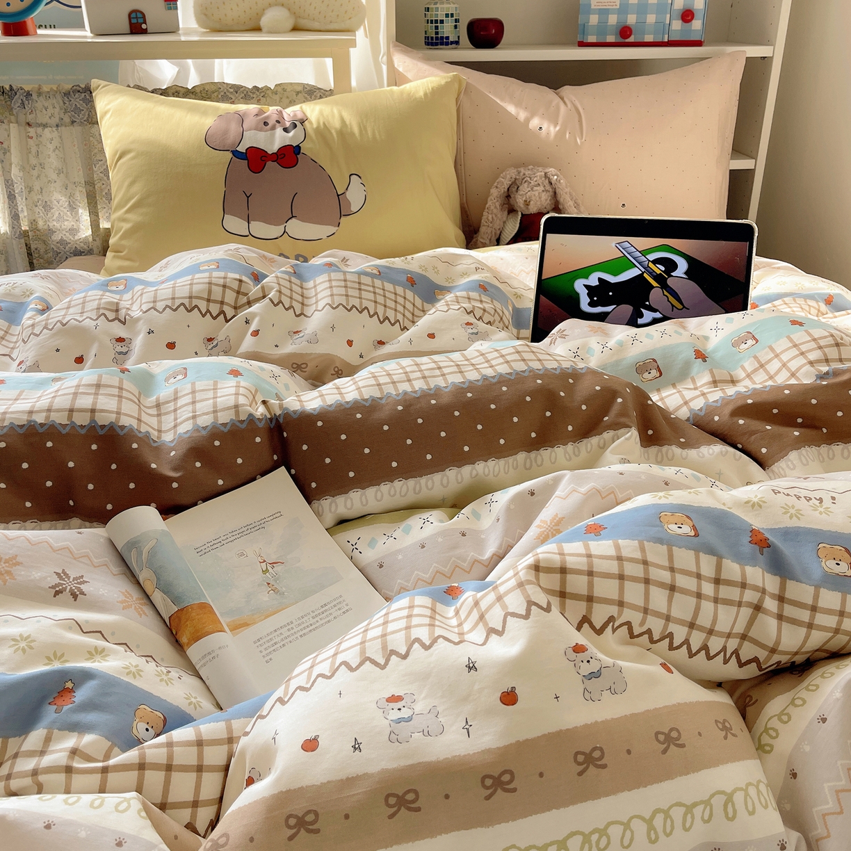 91家纺网 家纺一手货源 找家纺 栩裕纺织 2026新款全棉数码印花四件套 小狗仔