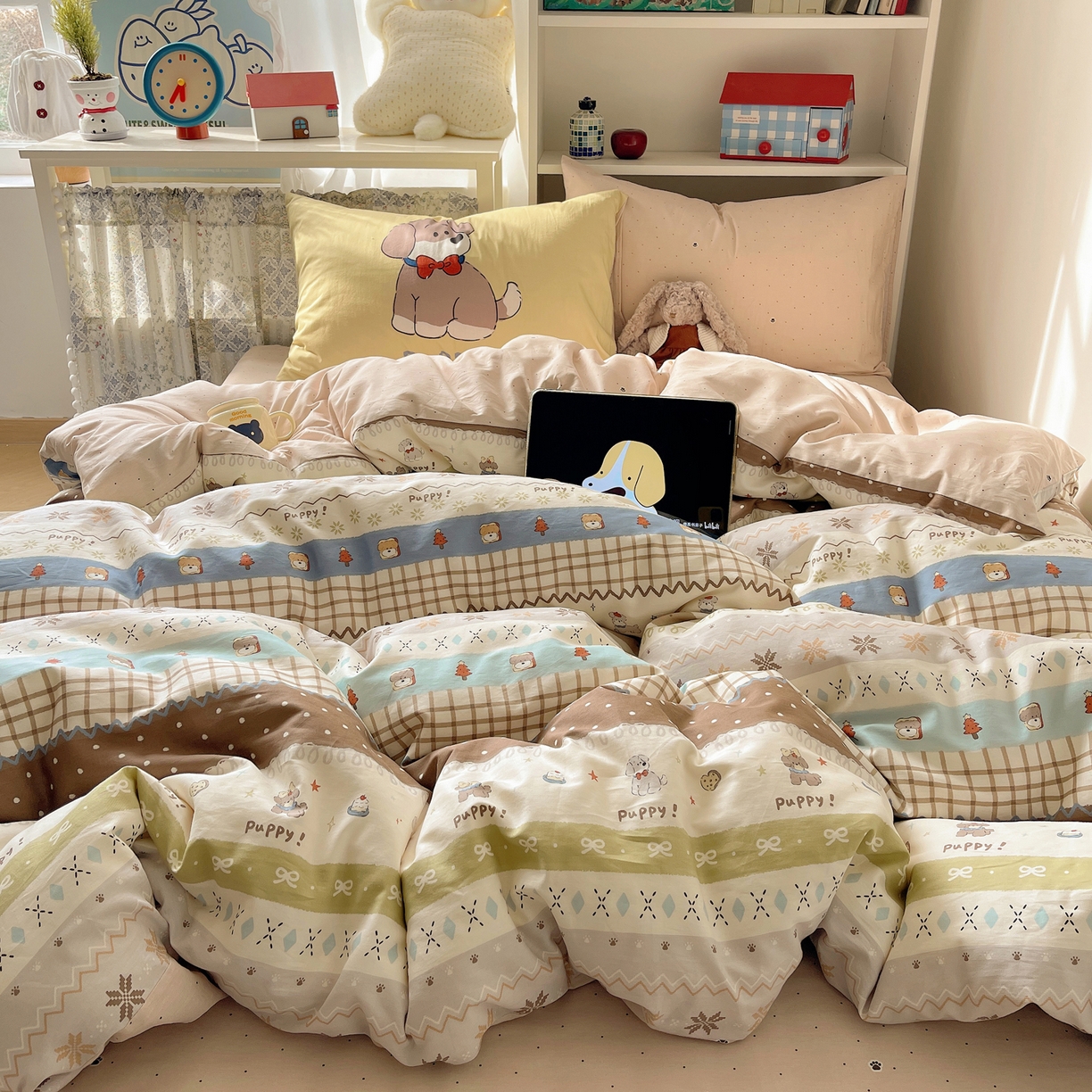 91家纺网 家纺一手货源 找家纺 栩裕纺织 2026新款全棉数码印花四件套 小狗仔