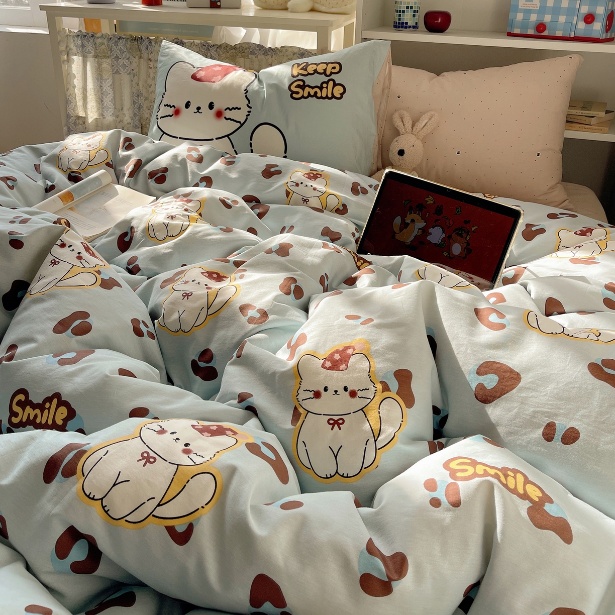 91家纺网 家纺一手货源 找家纺 栩裕纺织 2026新款全棉数码印花四件套 招财猫