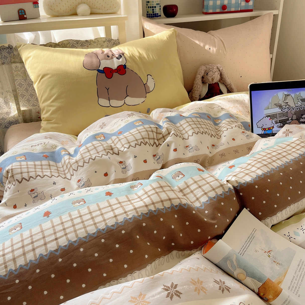 91家纺网 家纺一手货源 找家纺 栩裕纺织 2026新款全棉数码印花四件套 小狗仔