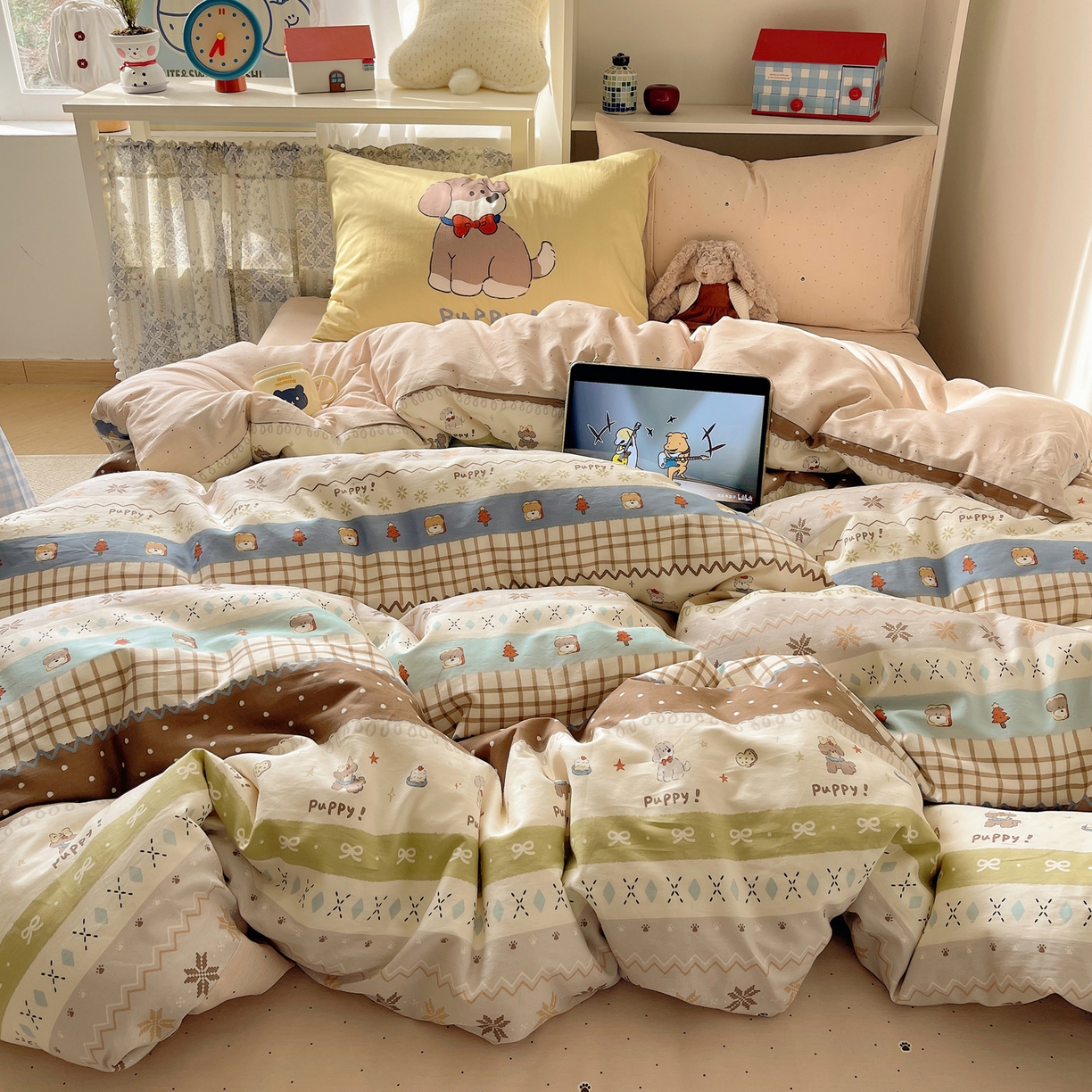 91家纺网 家纺一手货源 找家纺 栩裕纺织 2026新款全棉数码印花四件套 小狗仔