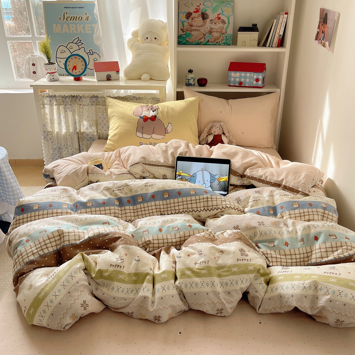 91家纺网 家纺一手货源 找家纺 栩裕纺织 2026新款全棉数码印花四件套 小狗仔