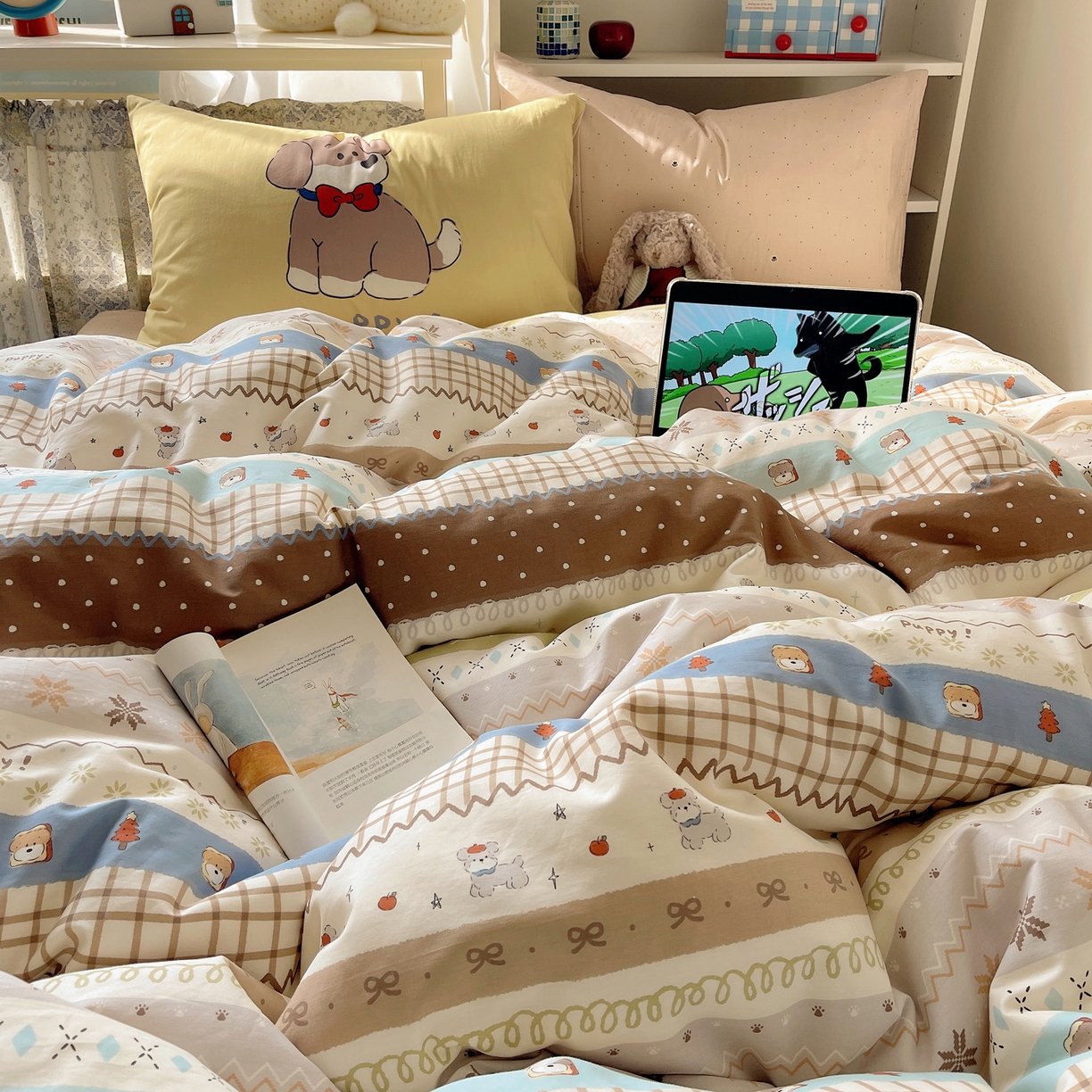 91家纺网 家纺一手货源 找家纺 栩裕纺织 2026新款全棉数码印花四件套 小狗仔