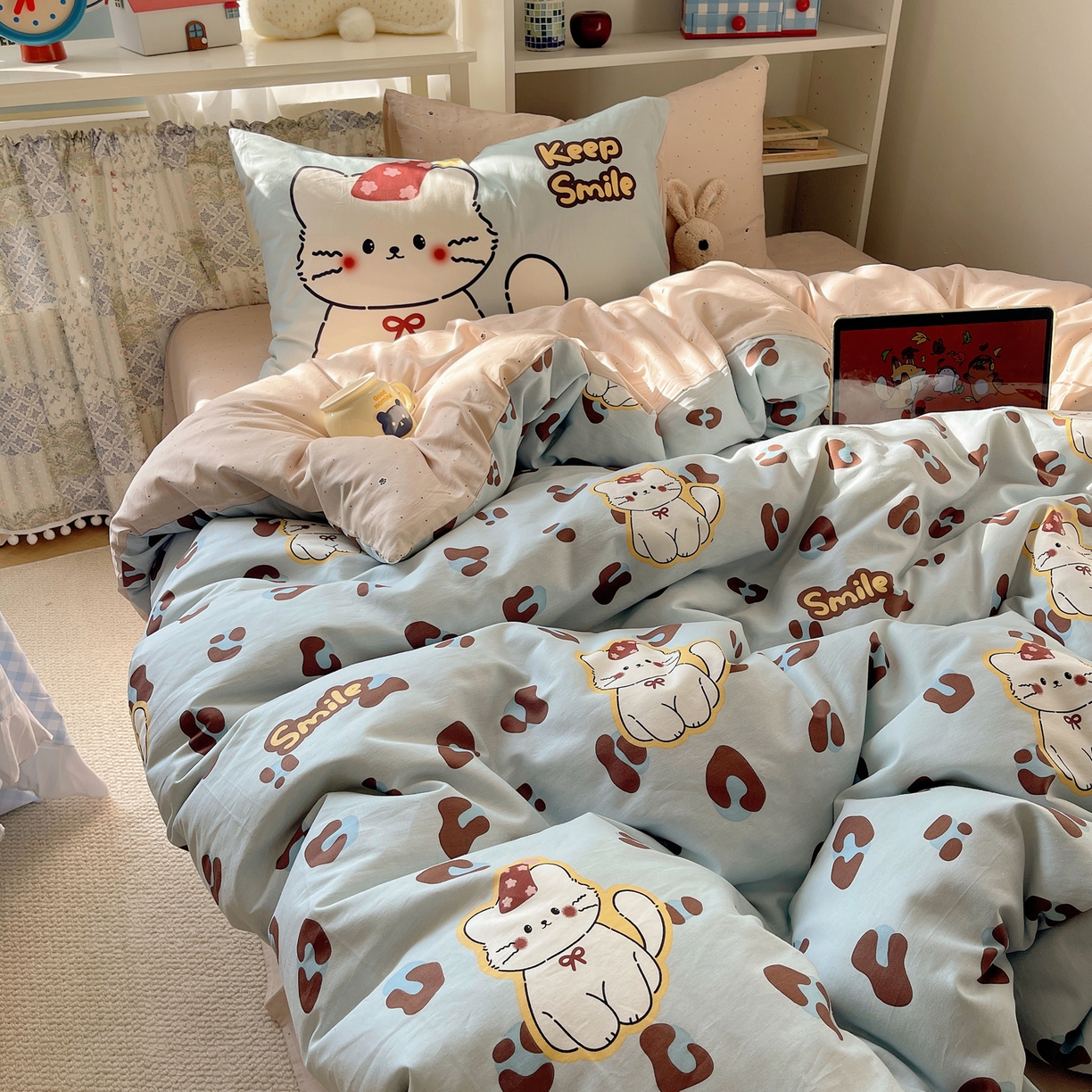 91家纺网 家纺一手货源 找家纺 栩裕纺织 2026新款全棉数码印花四件套 招财猫