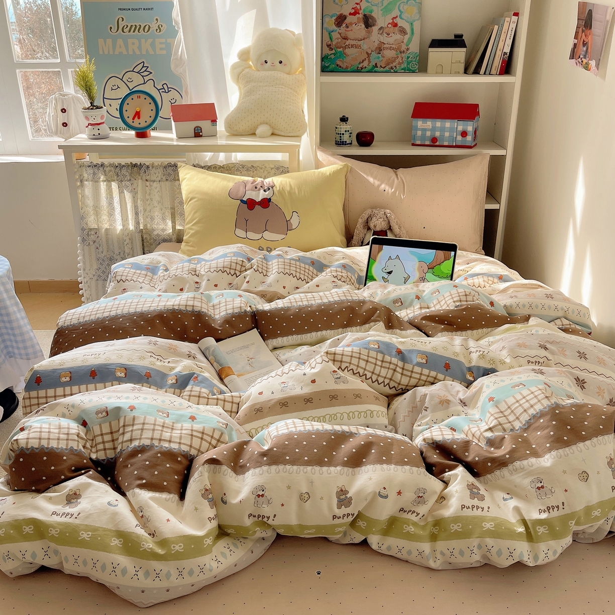 91家纺网 家纺一手货源 找家纺 栩裕纺织 2026新款全棉数码印花四件套 小狗仔