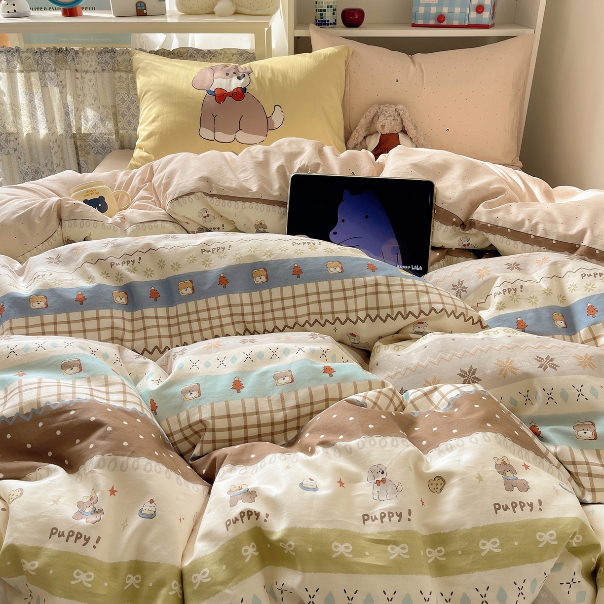 91家纺网 家纺一手货源 找家纺 栩裕纺织 2026新款全棉数码印花四件套 小狗仔