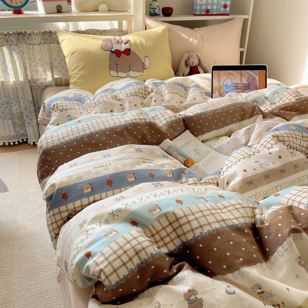 91家纺网 家纺一手货源 找家纺 栩裕纺织 2026新款全棉数码印花四件套 小狗仔