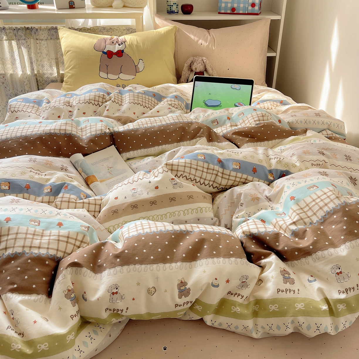 91家纺网 家纺一手货源 找家纺 栩裕纺织 2026新款全棉数码印花四件套 小狗仔