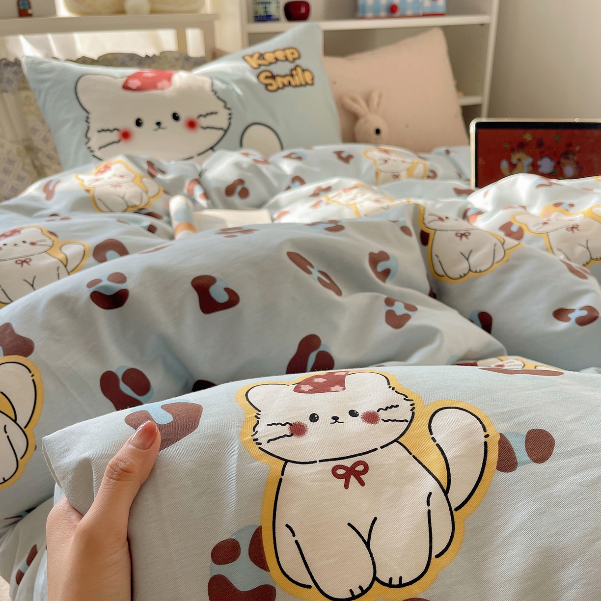 91家纺网 家纺一手货源 找家纺 栩裕纺织 2026新款全棉数码印花四件套 招财猫