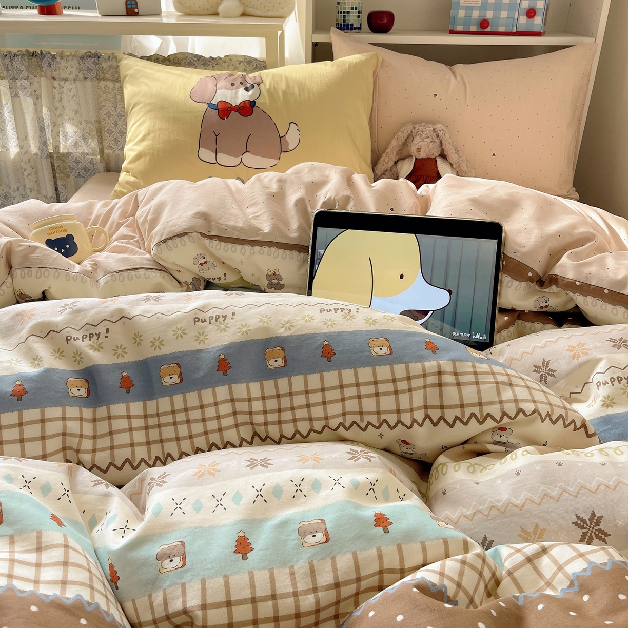 91家纺网 家纺一手货源 找家纺 栩裕纺织 2026新款全棉数码印花四件套 小狗仔