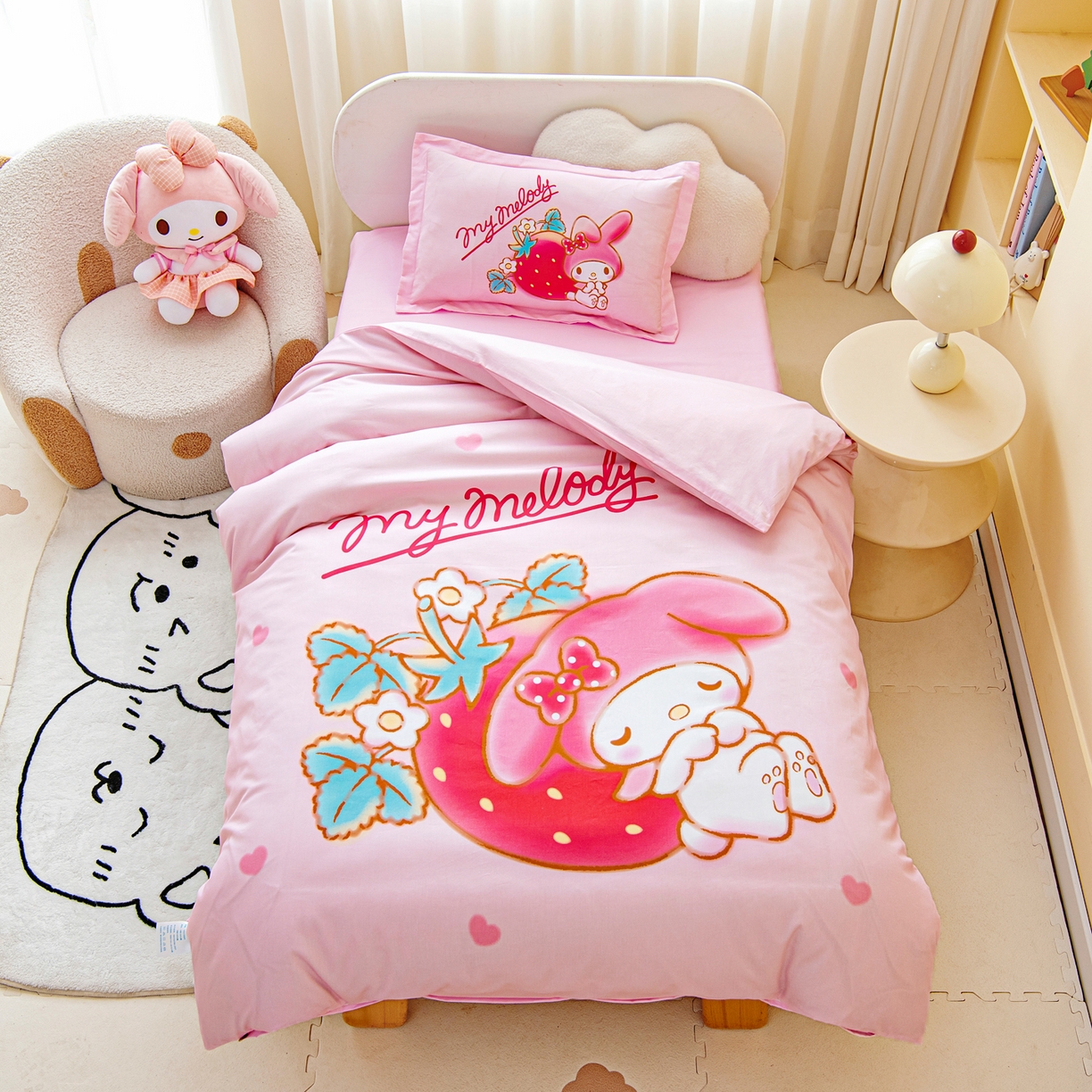 91家纺网 家纺一手货源 找家纺 （总）乐秀家纺 2026新款全棉A类大版定位幼儿园被子三件套卡通三丽鸥被套被芯六件套  