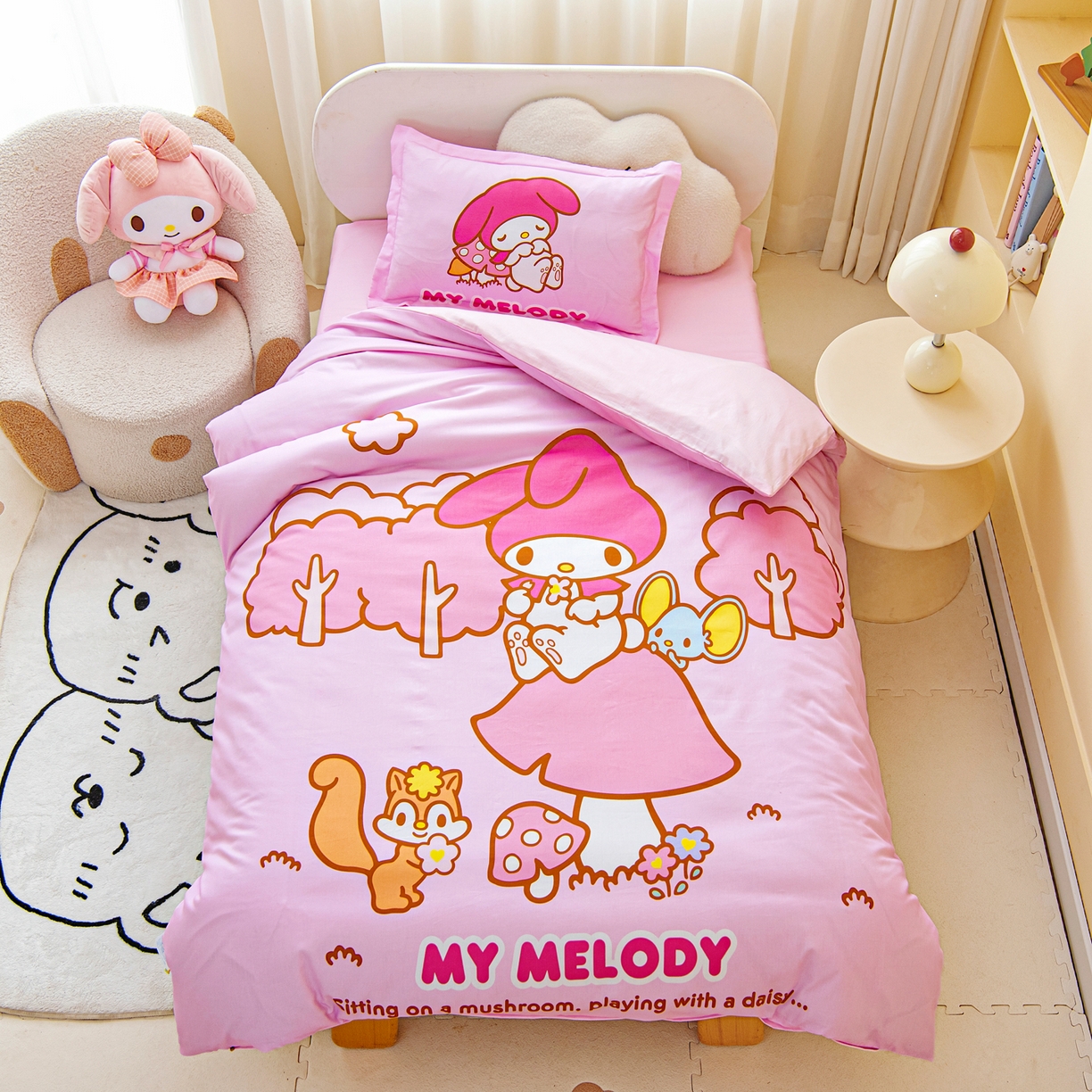 91家纺网 家纺一手货源 找家纺 （总）乐秀家纺 2026新款全棉A类大版定位幼儿园被子三件套卡通三丽鸥被套被芯六件套  