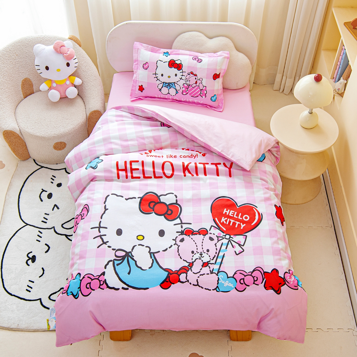 91家纺网 家纺一手货源 找家纺 （总）乐秀家纺 2026新款全棉A类大版定位幼儿园被子三件套卡通三丽鸥被套被芯六件套  