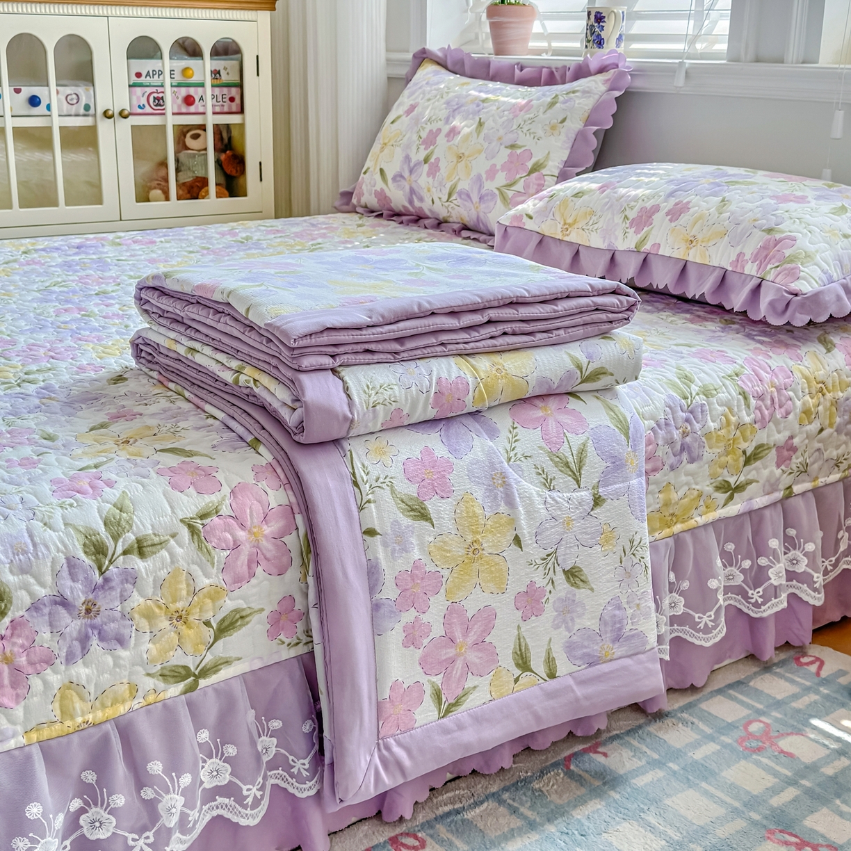 91家纺网 家纺一手货源 找家纺 雅眠居 2026新款直播爆款古法仿棉双层蕾丝花边床盖四件套 AB版-小时光