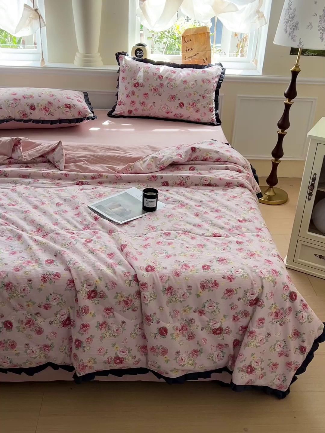 91家纺网 家纺一手货源 找家纺 人人爱家纺 2026新款赫本风花边夏被夏凉被空调被 玫瑰花园粉