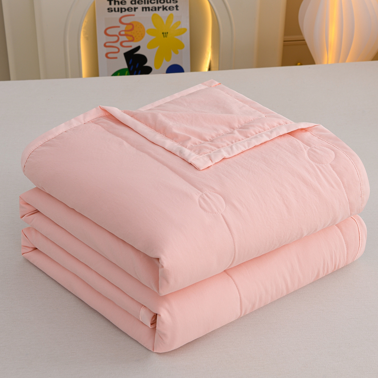 91家纺网 家纺一手货源 找家纺 羽涵家纺 2026新款磨毛水洗棉夏被夏凉被空调被 蜜桃粉