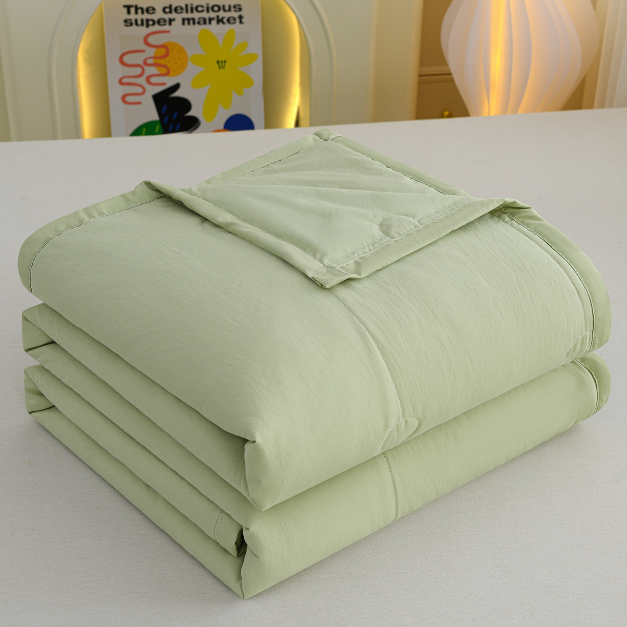 91家纺网 家纺一手货源 找家纺 羽涵家纺 2026新款磨毛水洗棉夏被夏凉被空调被 抹茶绿