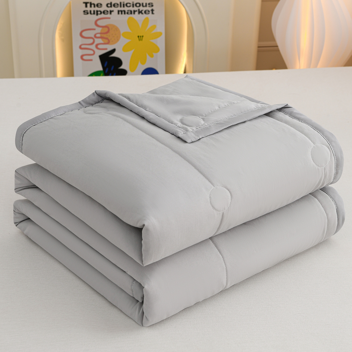 91家纺网 家纺一手货源 找家纺 羽涵家纺 2026新款磨毛水洗棉夏被夏凉被空调被 浅云灰