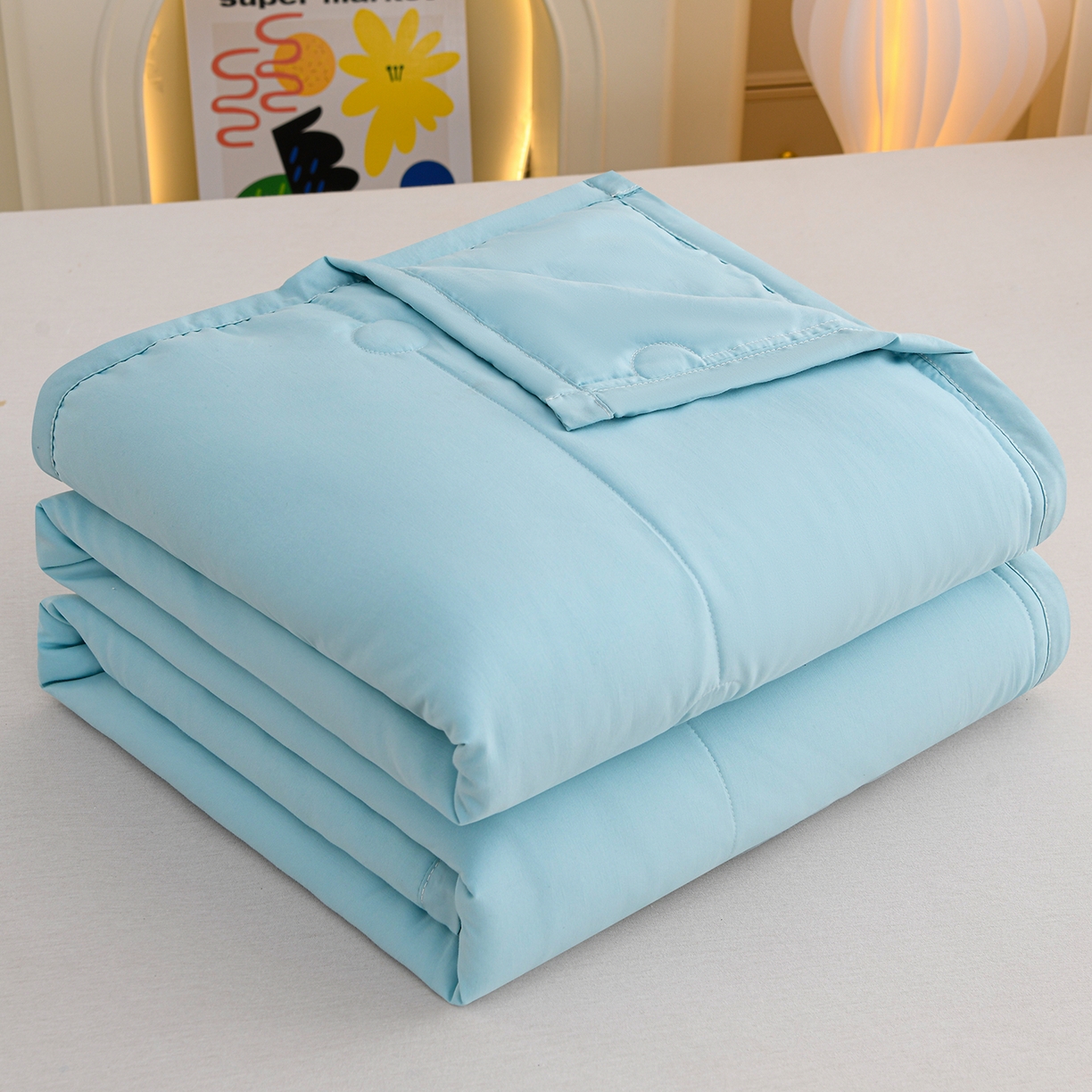 91家纺网 家纺一手货源 找家纺 羽涵家纺 2026新款磨毛水洗棉夏被夏凉被空调被 海盐蓝