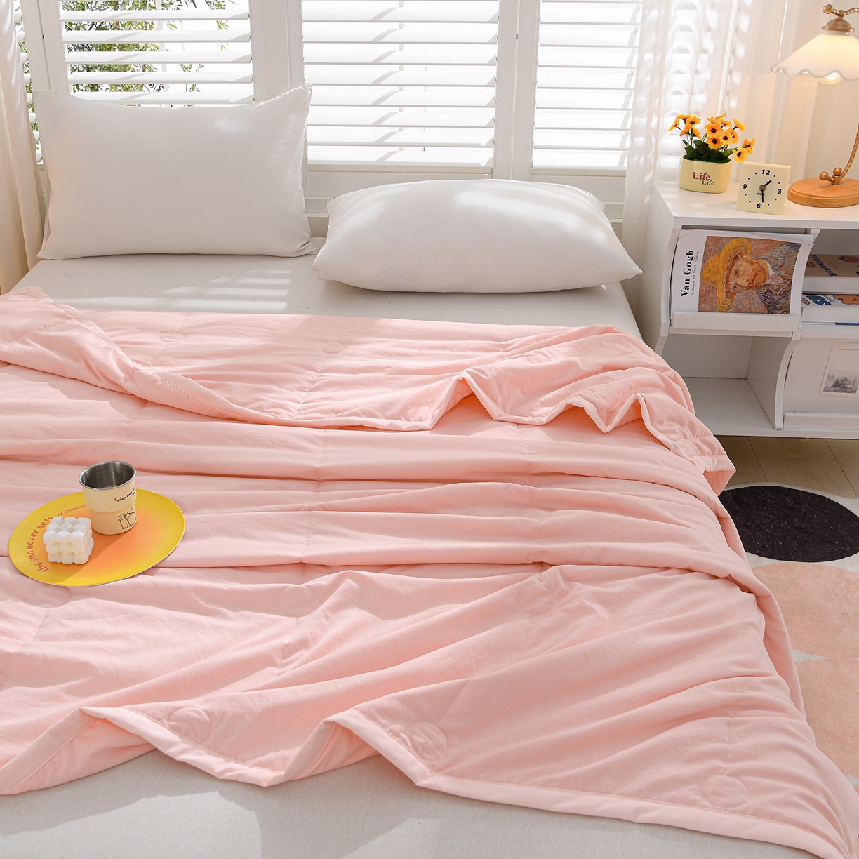 91家纺网 家纺一手货源 找家纺 羽涵家纺 2026新款磨毛水洗棉夏被夏凉被空调被 蜜桃粉