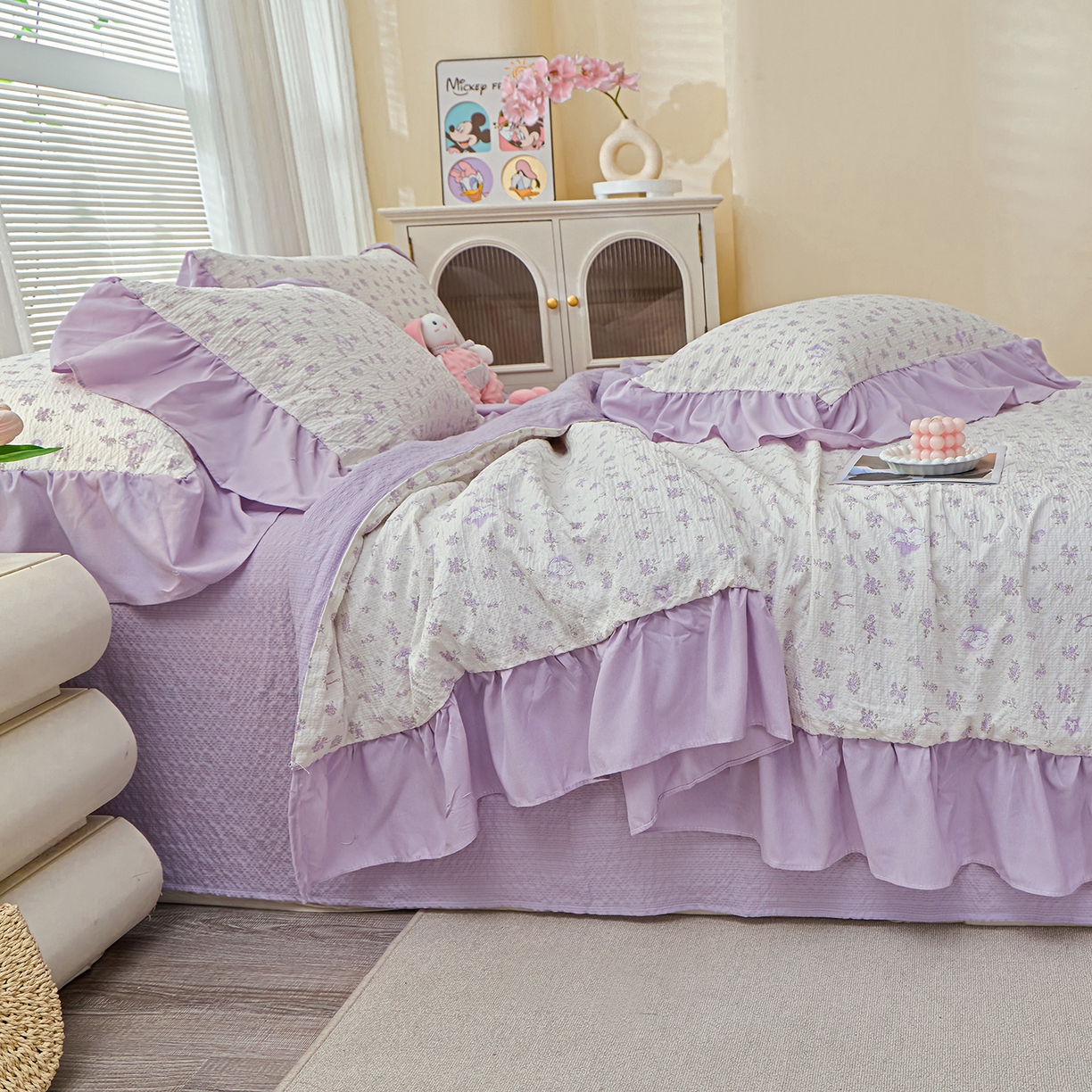 91家纺网 家纺一手货源 找家纺 人人爱家纺 2026新款泡芙纱欧式夏被夏凉被空调被四件套 紫色花语