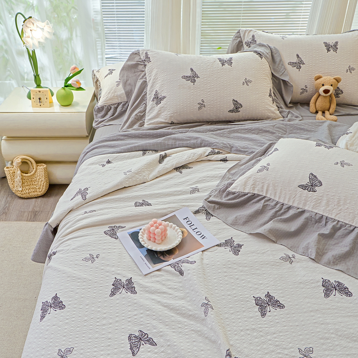 91家纺网 家纺一手货源 找家纺 人人爱家纺 2026新款泡芙纱欧式夏被夏凉被空调被四件套 蝴蝶梦