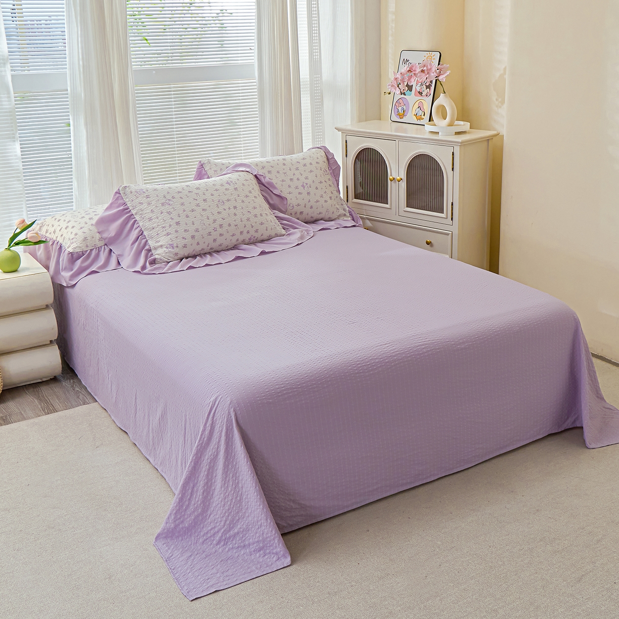 91家纺网 家纺一手货源 找家纺 人人爱家纺 2026新款泡芙纱欧式夏被夏凉被空调被四件套 紫色花语