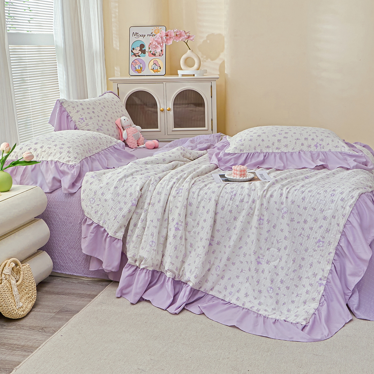 91家纺网 家纺一手货源 找家纺 人人爱家纺 2026新款泡芙纱欧式夏被夏凉被空调被四件套 紫色花语