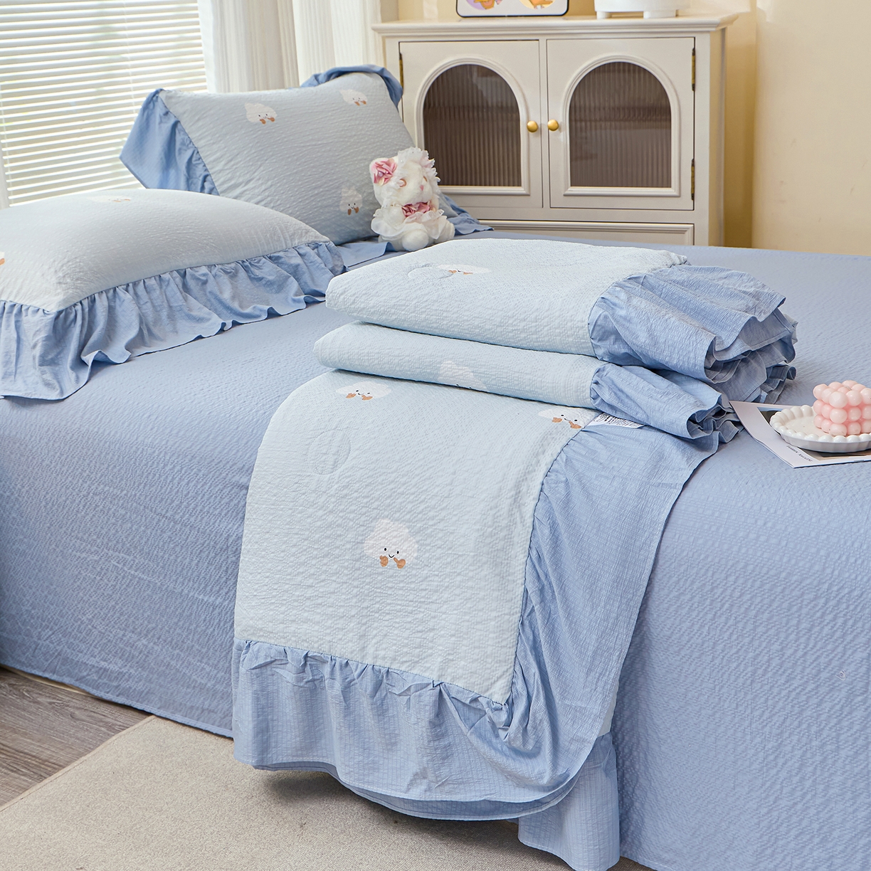 人人爱家纺 2026新款泡芙纱欧式夏被夏凉被空调被四件套 泡芙云朵