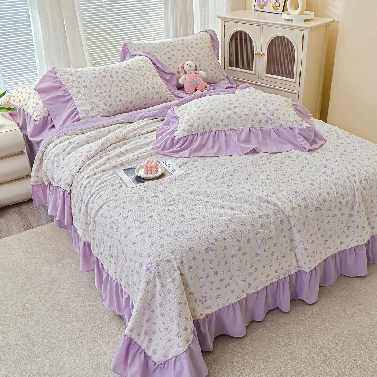 91家纺网 家纺一手货源 找家纺 人人爱家纺 2026新款泡芙纱欧式夏被夏凉被空调被四件套 紫色花语